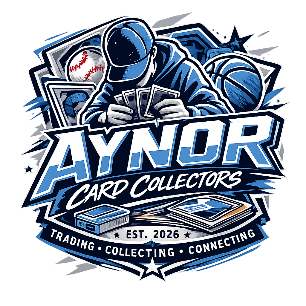 Aynor Card Collectors Club logo — sports card collector holding cards with baseball and basketball